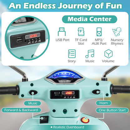 12V Kids Electric Motorcycle Licensed VESPA with Music and Training Wheels, Green Powered Ride On Toys at Gallery Canada