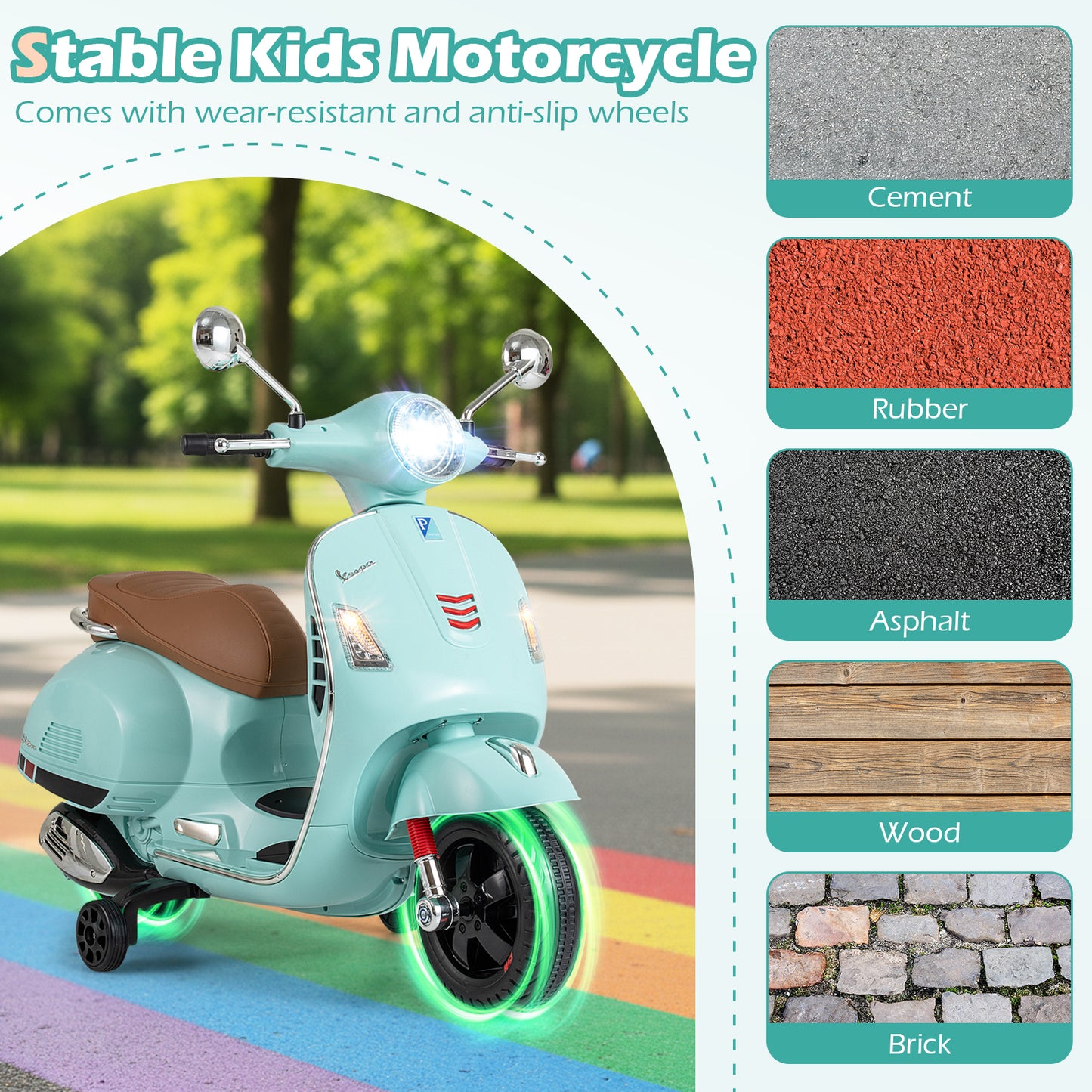 12V Kids Electric Motorcycle Licensed VESPA with Music and Training Wheels, Green Powered Ride On Toys at Gallery Canada