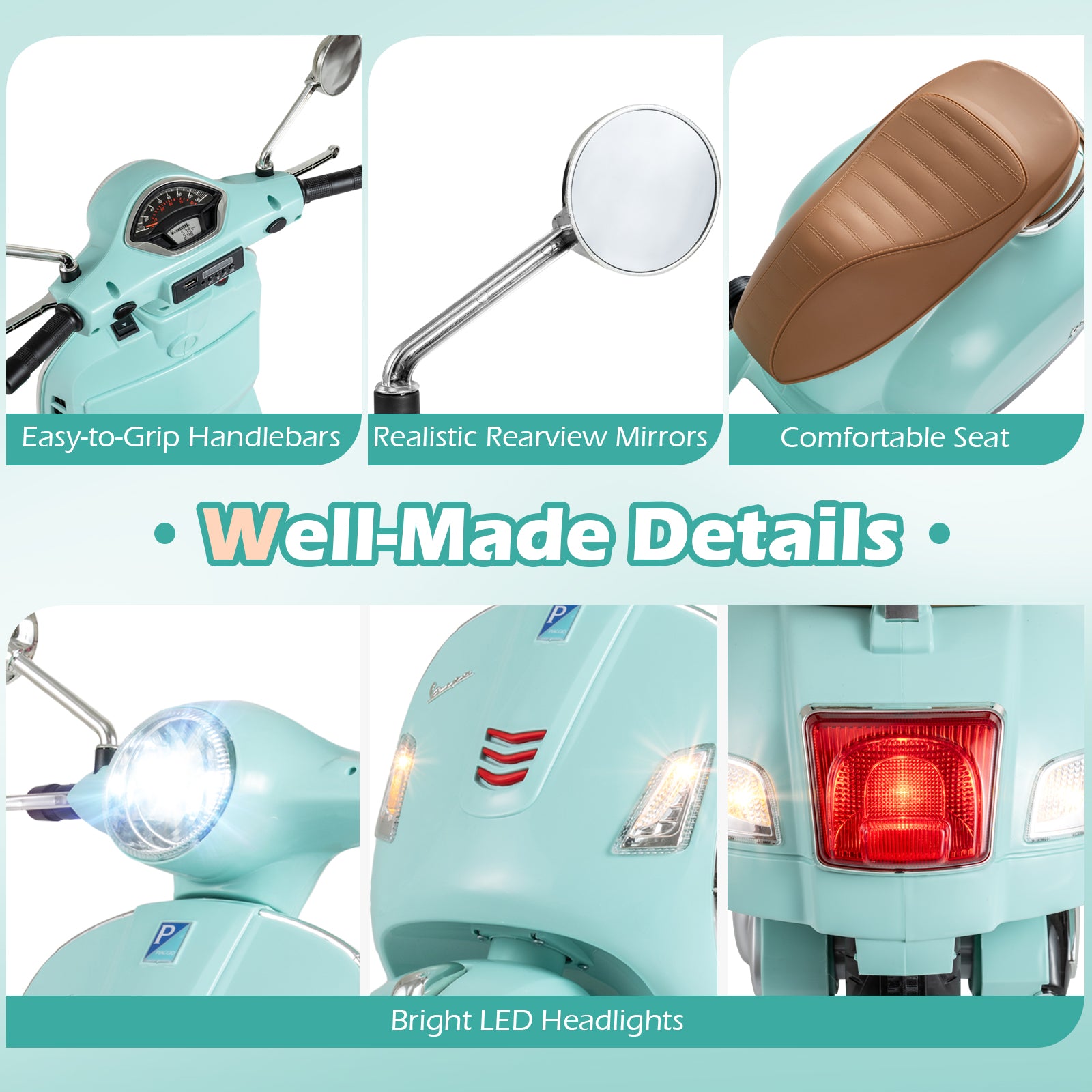 12V Kids Electric Motorcycle Licensed VESPA with Music and Training Wheels, Green Powered Ride On Toys at Gallery Canada