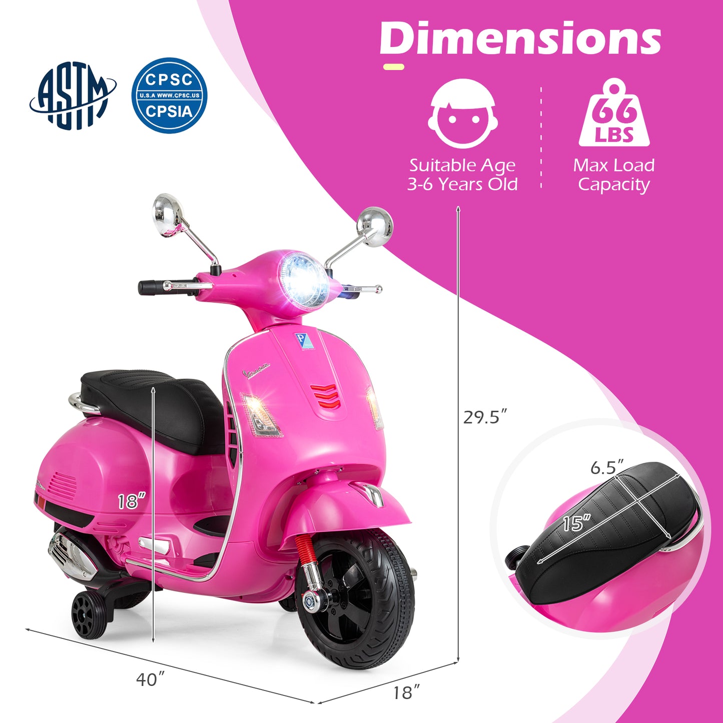 12V Kids Electric Motorcycle Licensed VESPA with Music and Training Wheels, Pink Powered Ride On Toys at Gallery Canada