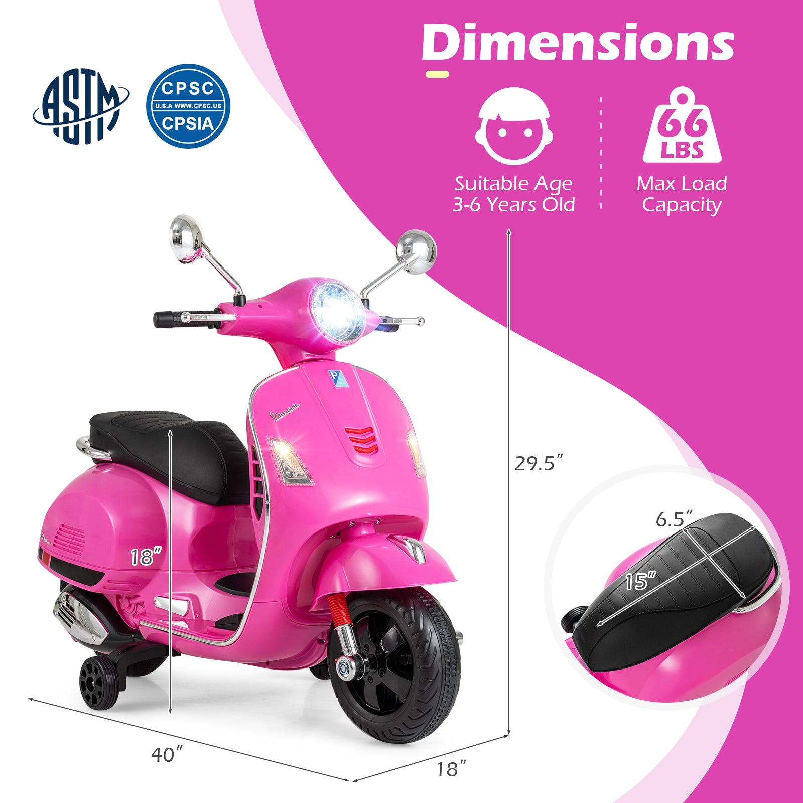 12V Kids Electric Motorcycle Licensed VESPA with Music and Training Wheels, Pink Powered Ride On Toys at Gallery Canada