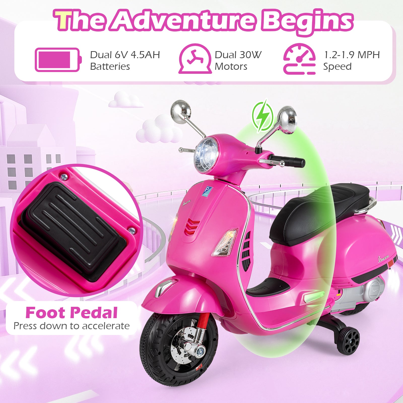 12V Kids Electric Motorcycle Licensed VESPA with Music and Training Wheels, Pink Powered Ride On Toys at Gallery Canada
