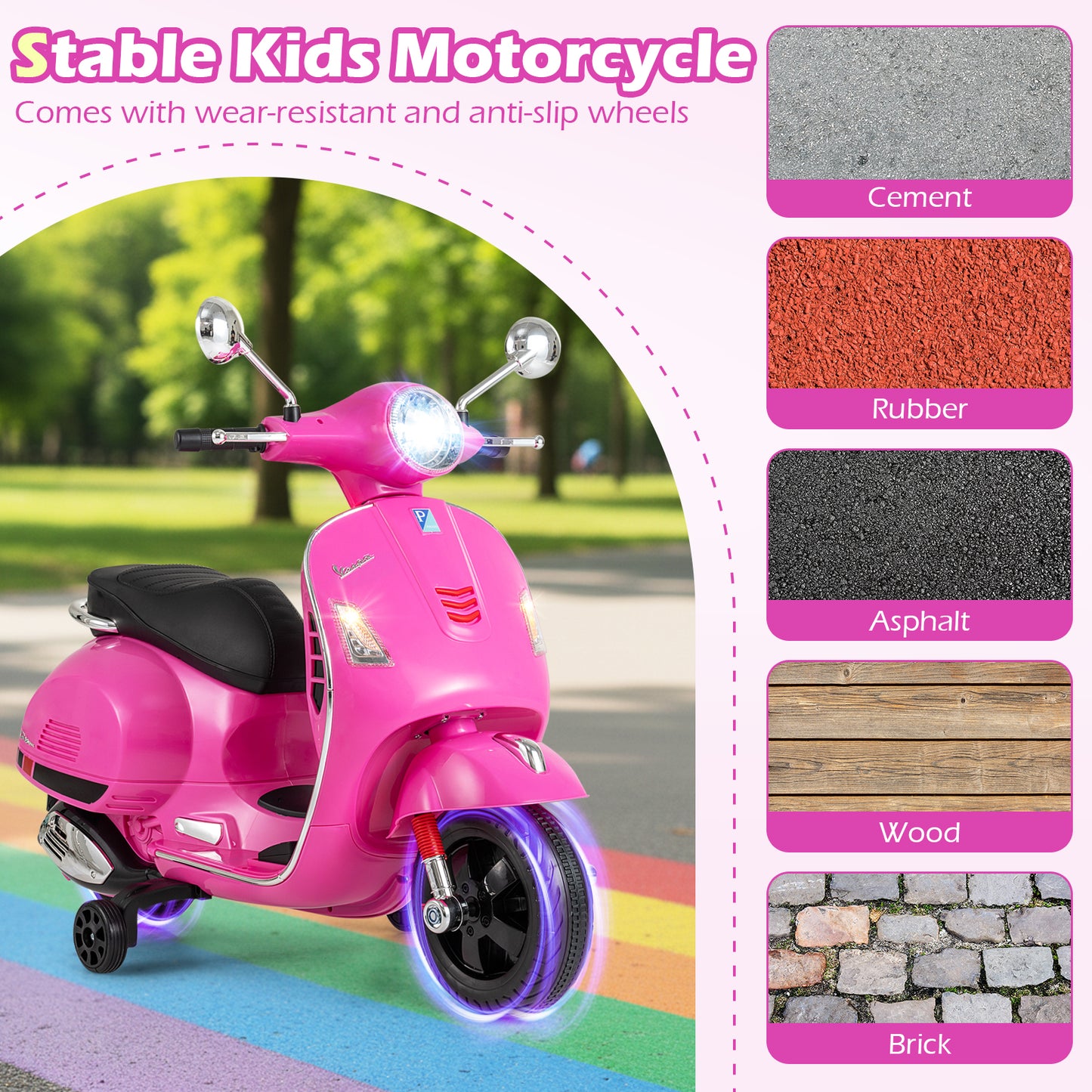 12V Kids Electric Motorcycle Licensed VESPA with Music and Training Wheels, Pink Powered Ride On Toys at Gallery Canada