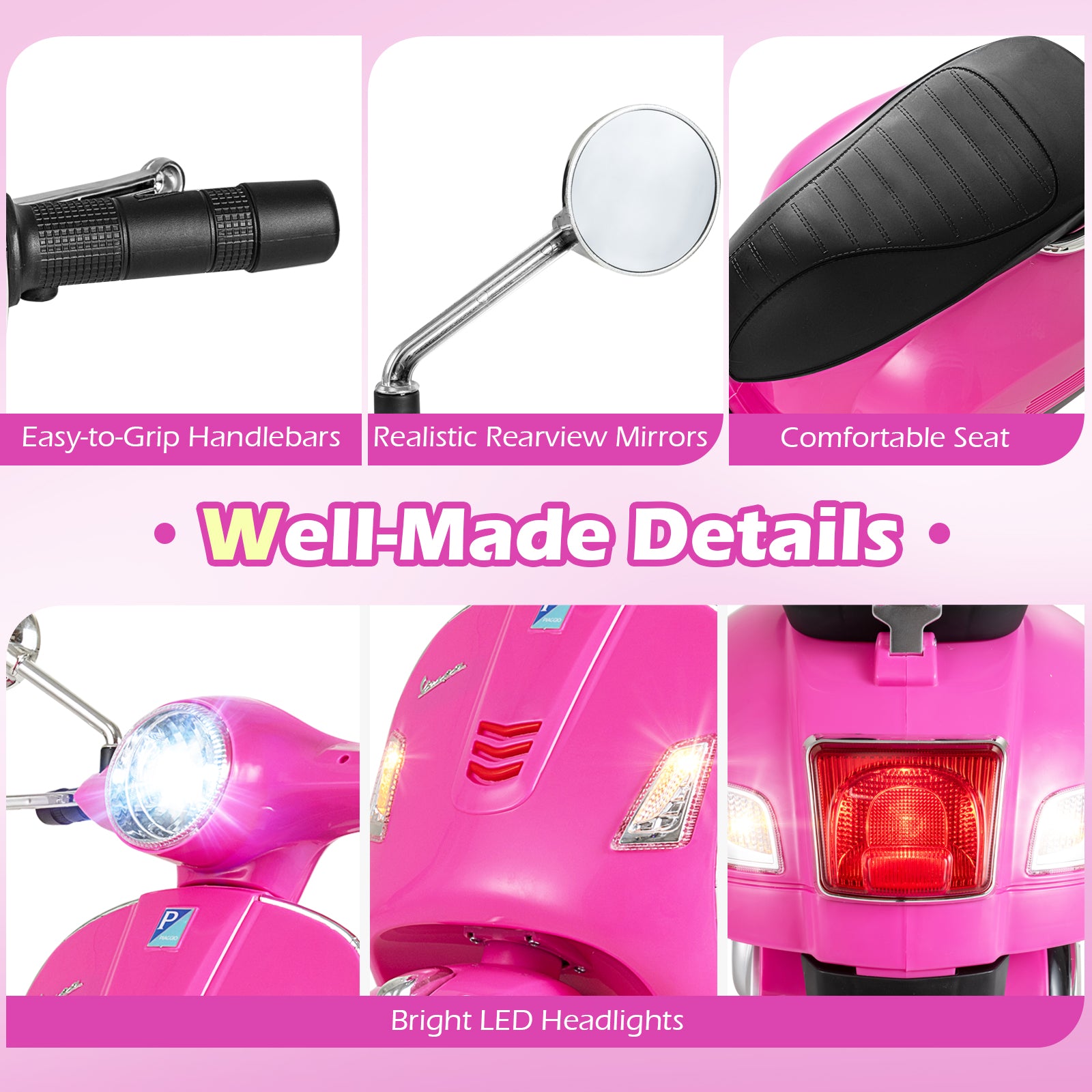 12V Kids Electric Motorcycle Licensed VESPA with Music and Training Wheels, Pink Powered Ride On Toys at Gallery Canada