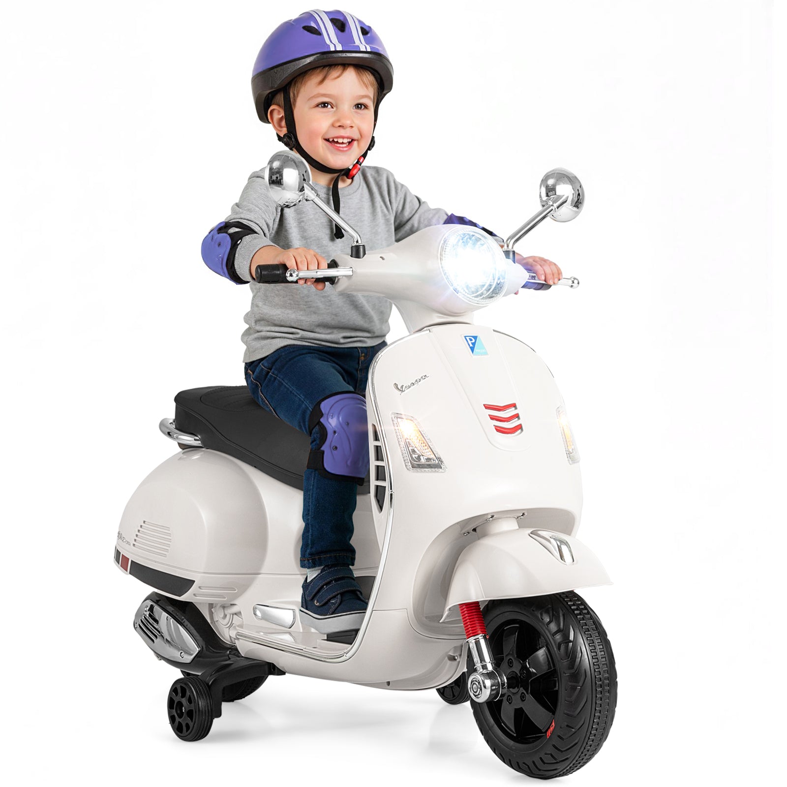 12V Kids Electric Motorcycle Licensed VESPA with Music and Training Wheels, White Powered Ride On Toys at Gallery Canada