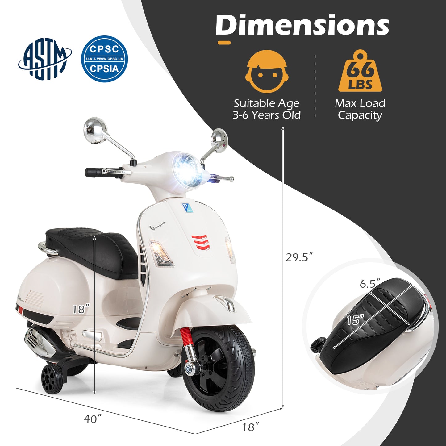 12V Kids Electric Motorcycle Licensed VESPA with Music and Training Wheels, White Powered Ride On Toys at Gallery Canada