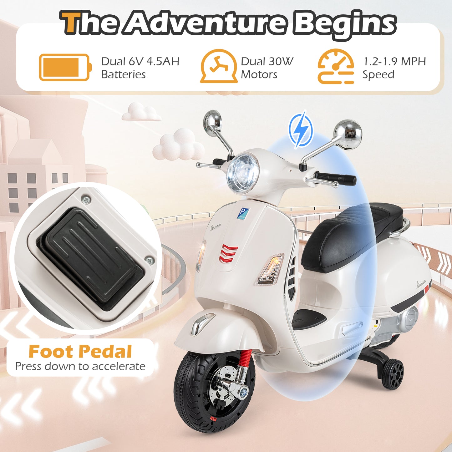 12V Kids Electric Motorcycle Licensed VESPA with Music and Training Wheels, White Powered Ride On Toys at Gallery Canada