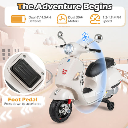 12V Kids Electric Motorcycle Licensed VESPA with Music and Training Wheels, White Powered Ride On Toys at Gallery Canada