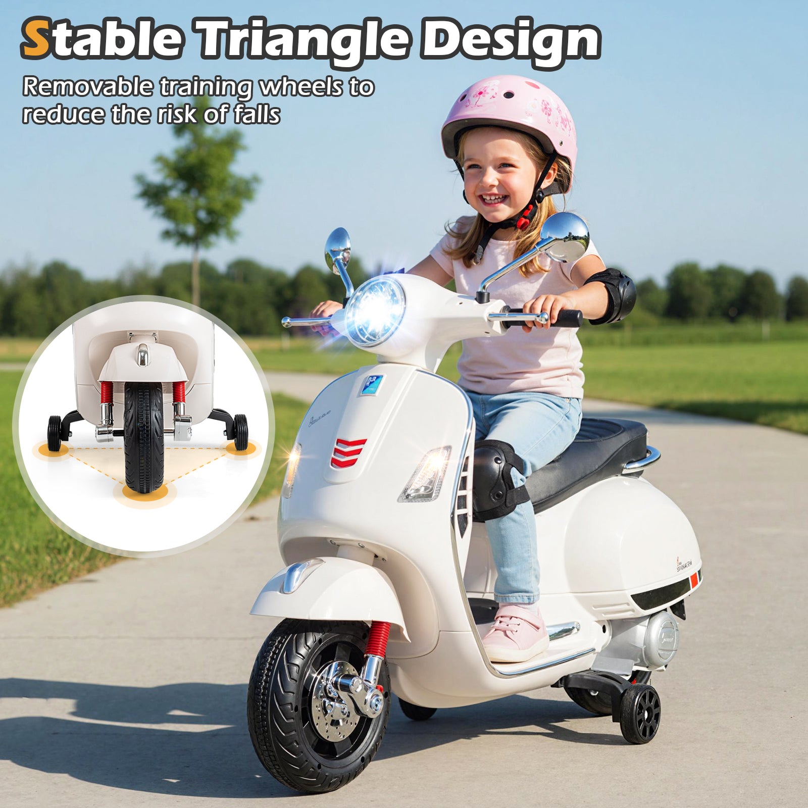12V Kids Electric Motorcycle Licensed VESPA with Music and Training Wheels, White Powered Ride On Toys at Gallery Canada