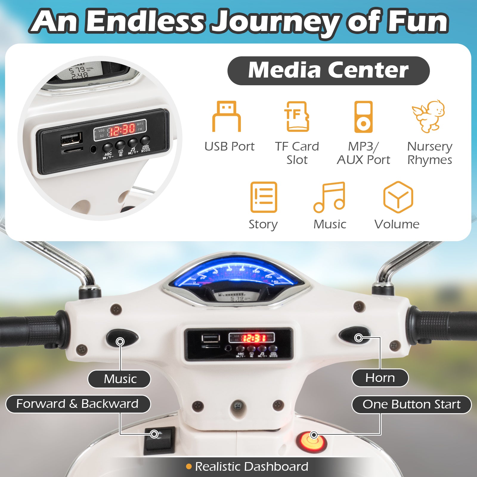 12V Kids Electric Motorcycle Licensed VESPA with Music and Training Wheels, White Powered Ride On Toys at Gallery Canada