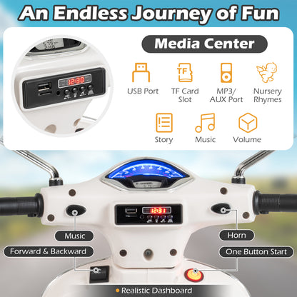12V Kids Electric Motorcycle Licensed VESPA with Music and Training Wheels, White Powered Ride On Toys at Gallery Canada