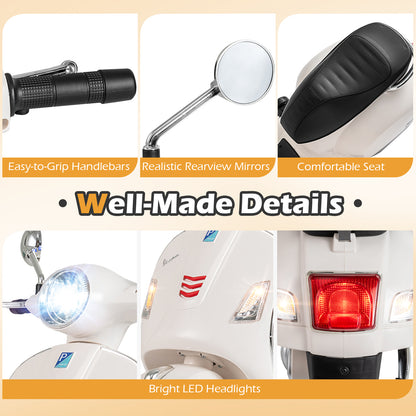 12V Kids Electric Motorcycle Licensed VESPA with Music and Training Wheels, White Powered Ride On Toys at Gallery Canada