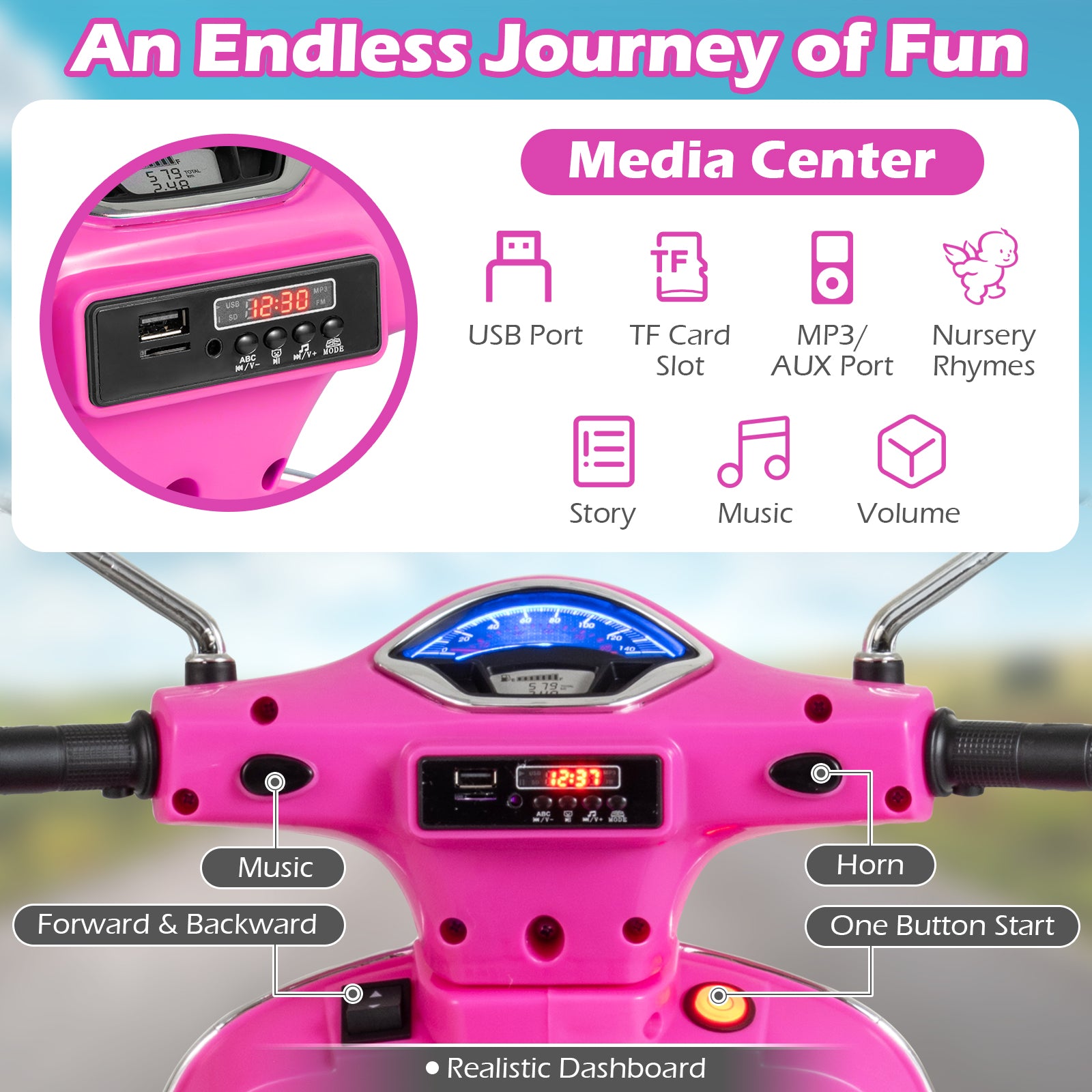 12V Kids Electric Motorcycle Licensed VESPA with Music and Training Wheels, Pink Powered Ride On Toys at Gallery Canada