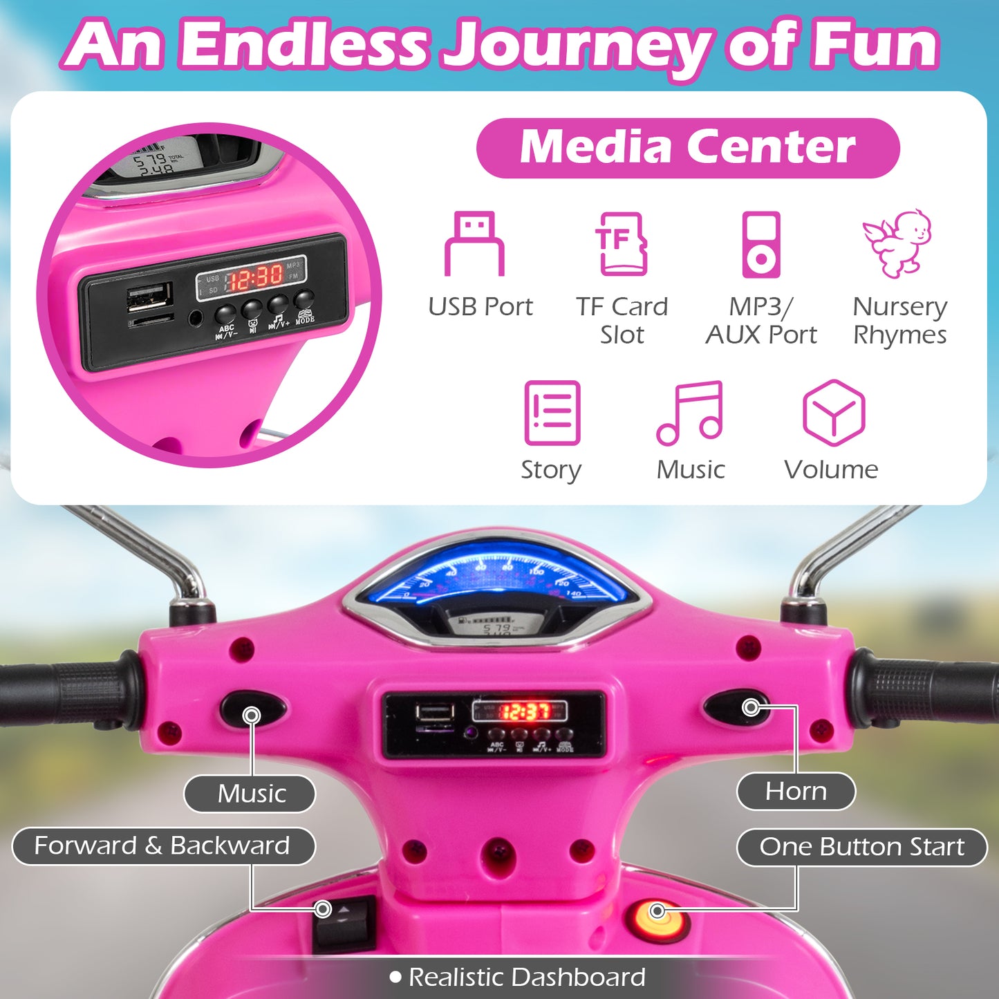 12V Kids Electric Motorcycle Licensed VESPA with Music and Training Wheels, Pink Powered Ride On Toys at Gallery Canada