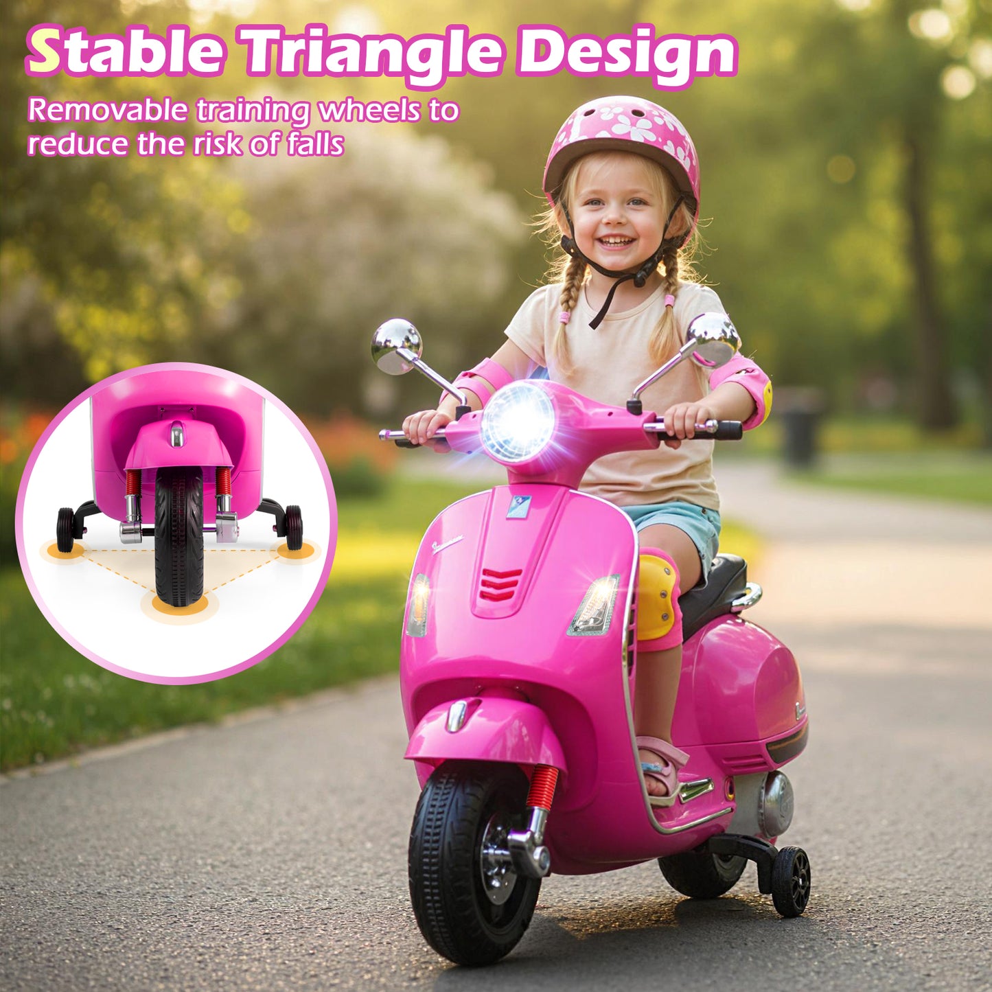 12V Kids Electric Motorcycle Licensed VESPA with Music and Training Wheels, Pink Powered Ride On Toys at Gallery Canada