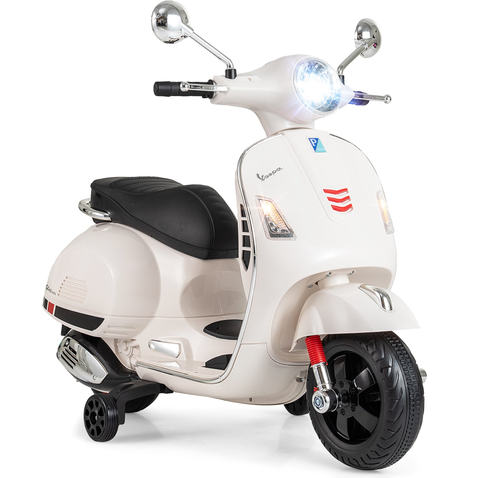 12V Kids Electric Motorcycle Licensed VESPA with Music and Training Wheels, White Powered Ride On Toys at Gallery Canada