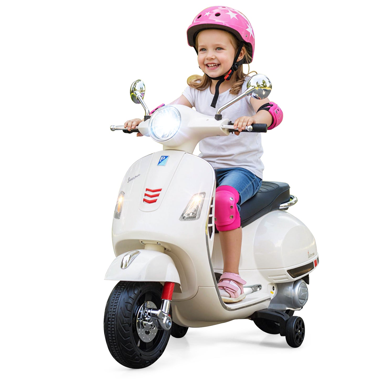 12V Kids Electric Motorcycle Licensed VESPA with Music and Training Wheels, White Powered Ride On Toys at Gallery Canada