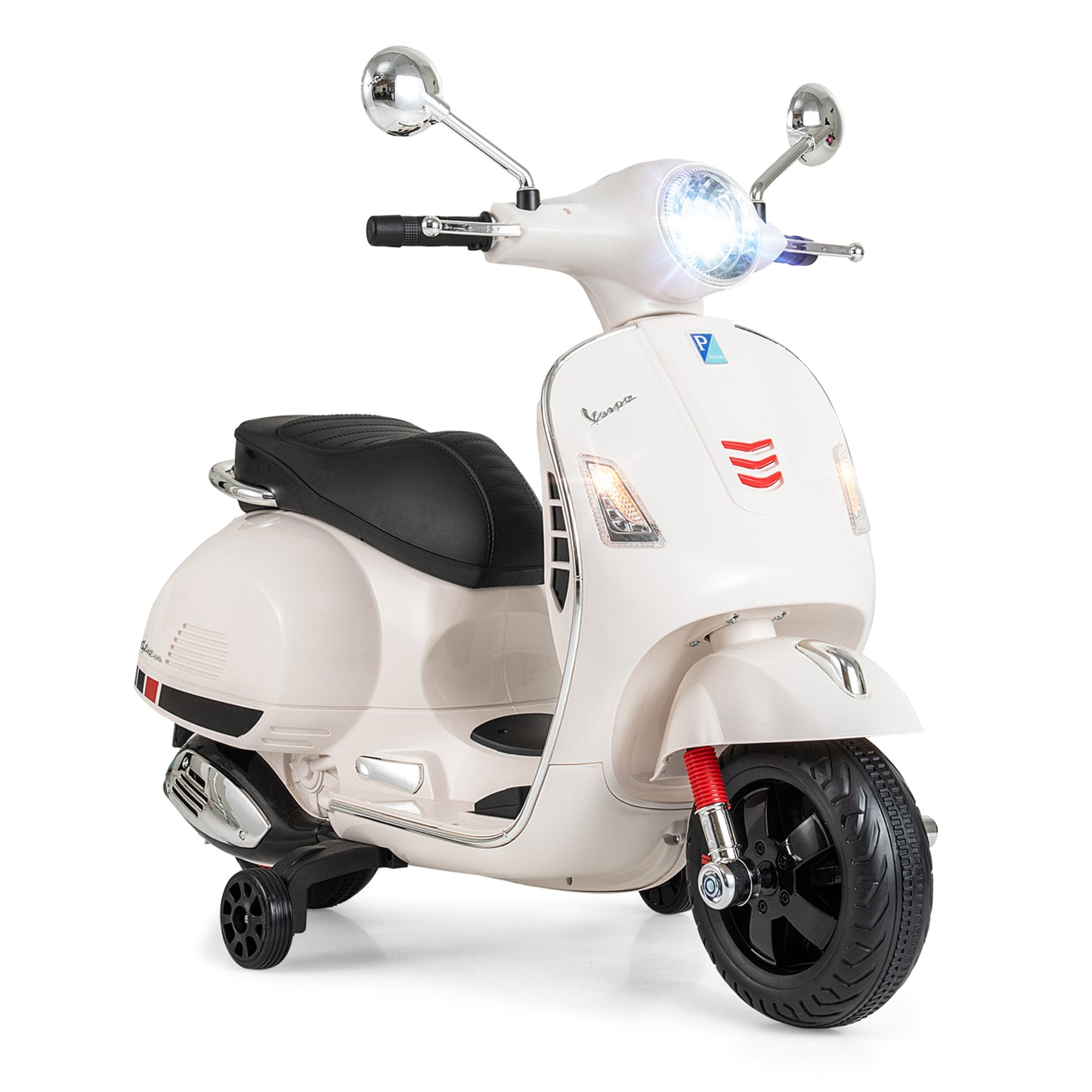 12V Kids Electric Motorcycle Licensed VESPA with Music and Training Wheels, White Powered Ride On Toys at Gallery Canada