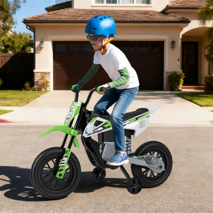 Moto électrique pour enfants 12V, roues d'entraînement détachables, musique, vert