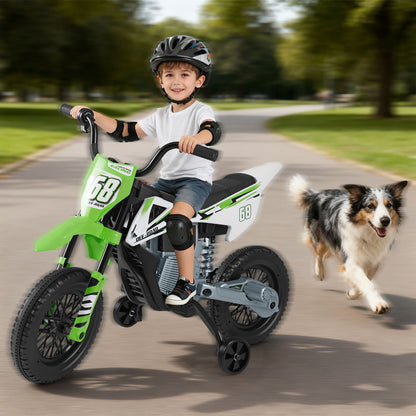 Moto électrique pour enfants 12V, roues d'entraînement détachables, musique, vert