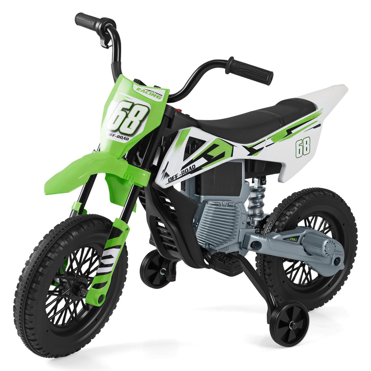 Moto électrique pour enfants 12V, roues d'entraînement détachables, musique, vert