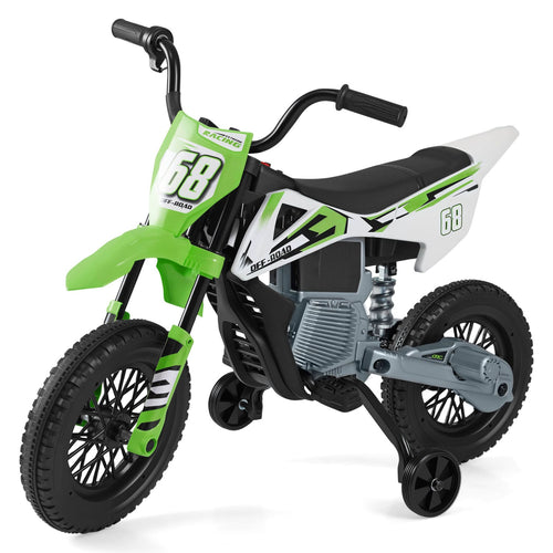 12V Kids Electric Motorcycle, Detachable Training Wheels, Music, Green