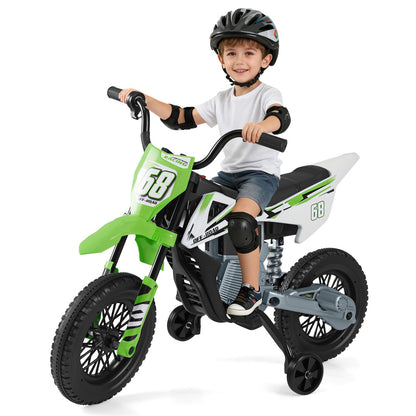 Moto électrique pour enfants 12V, roues d'entraînement détachables, musique, vert