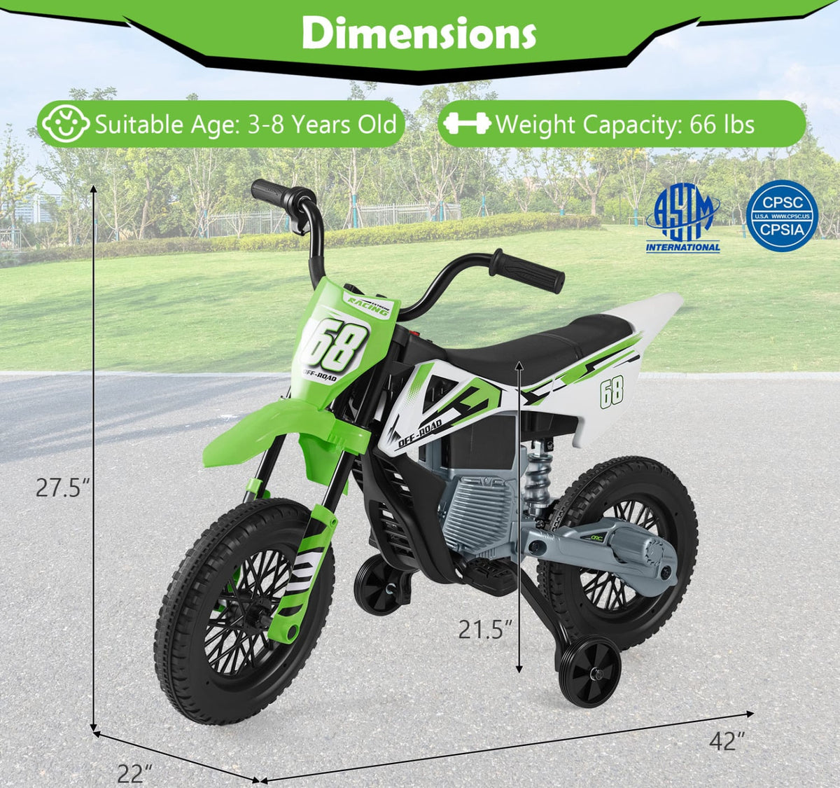 Moto électrique pour enfants 12V, roues d'entraînement détachables, musique, vert