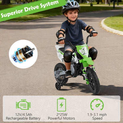 Moto électrique pour enfants 12V, roues d'entraînement détachables, musique, vert