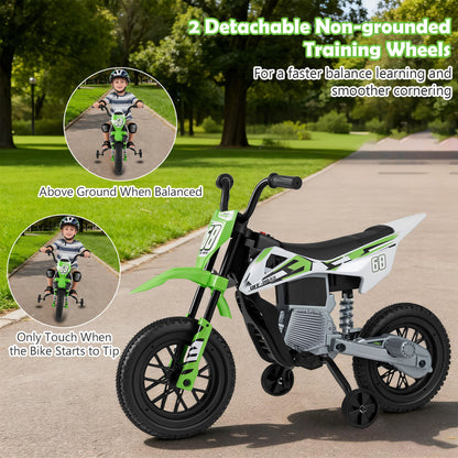 Moto électrique pour enfants 12V, roues d'entraînement détachables, musique, vert