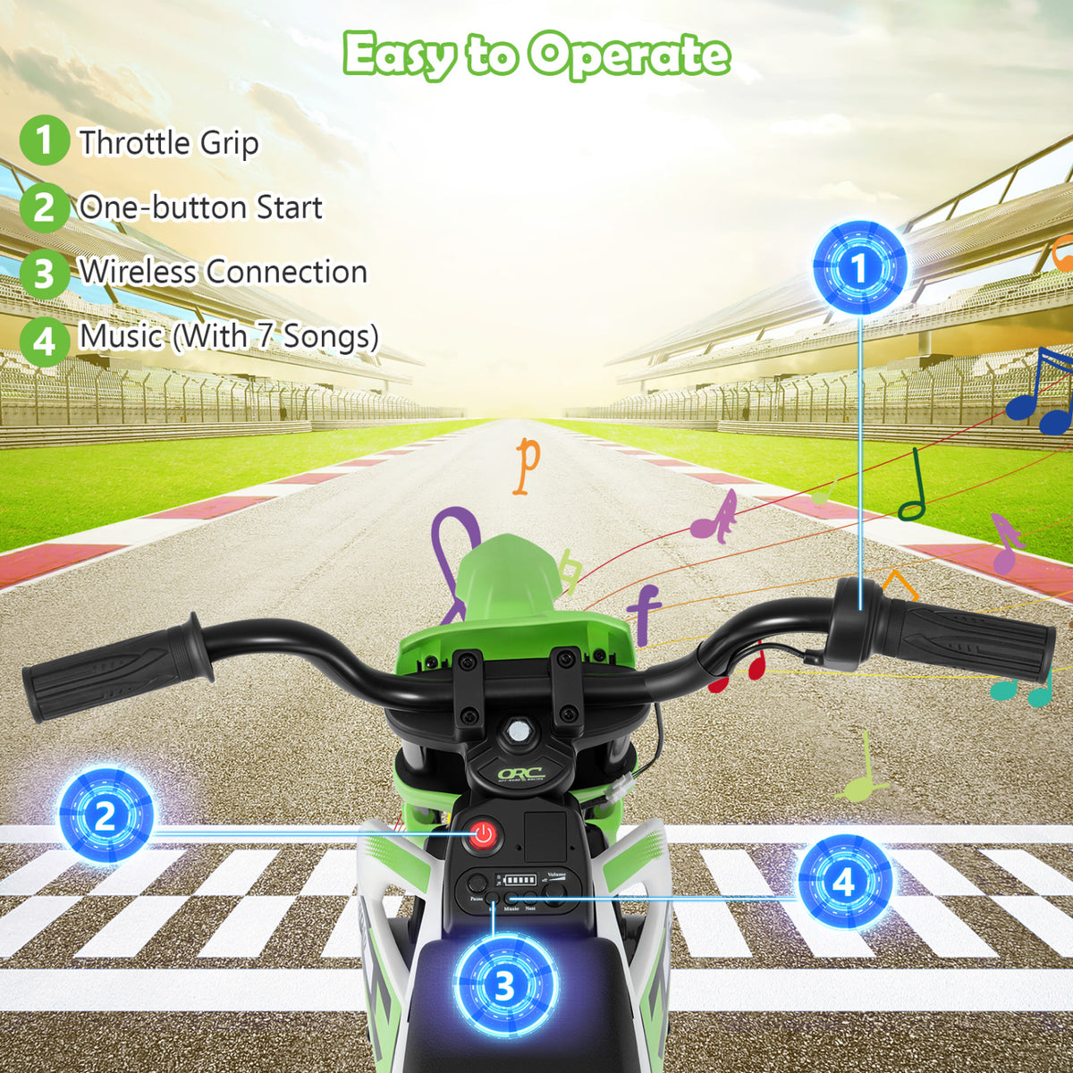 Moto électrique pour enfants 12V, roues d'entraînement détachables, musique, vert