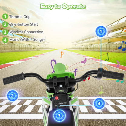 Moto électrique pour enfants 12V, roues d'entraînement détachables, musique, vert