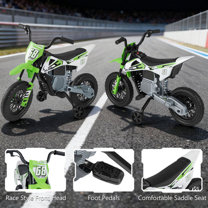 Moto électrique pour enfants 12V, roues d'entraînement détachables, musique, vert