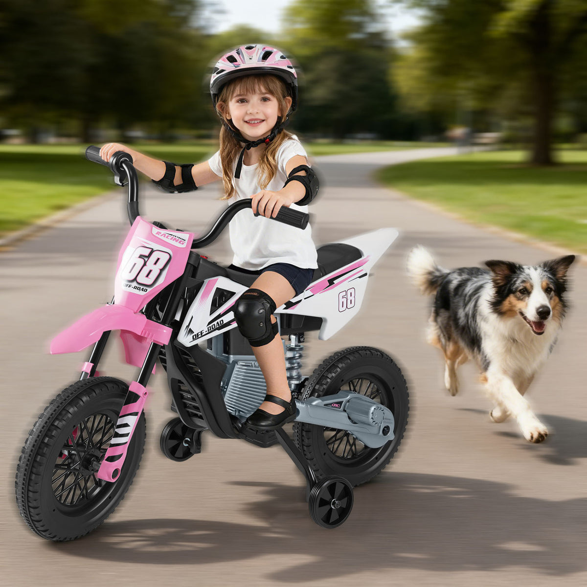 Moto électrique pour enfants 12V, roues d'entraînement détachables, musique, rose