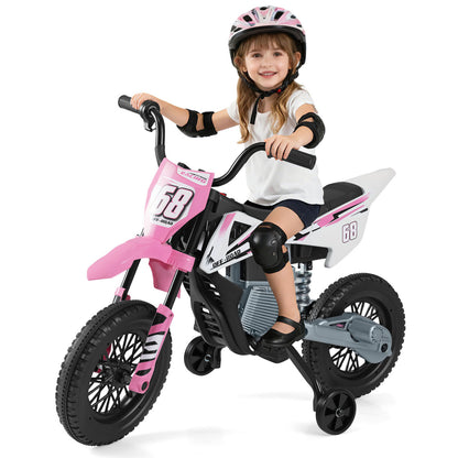 Moto électrique pour enfants 12V, roues d'entraînement détachables, musique, rose