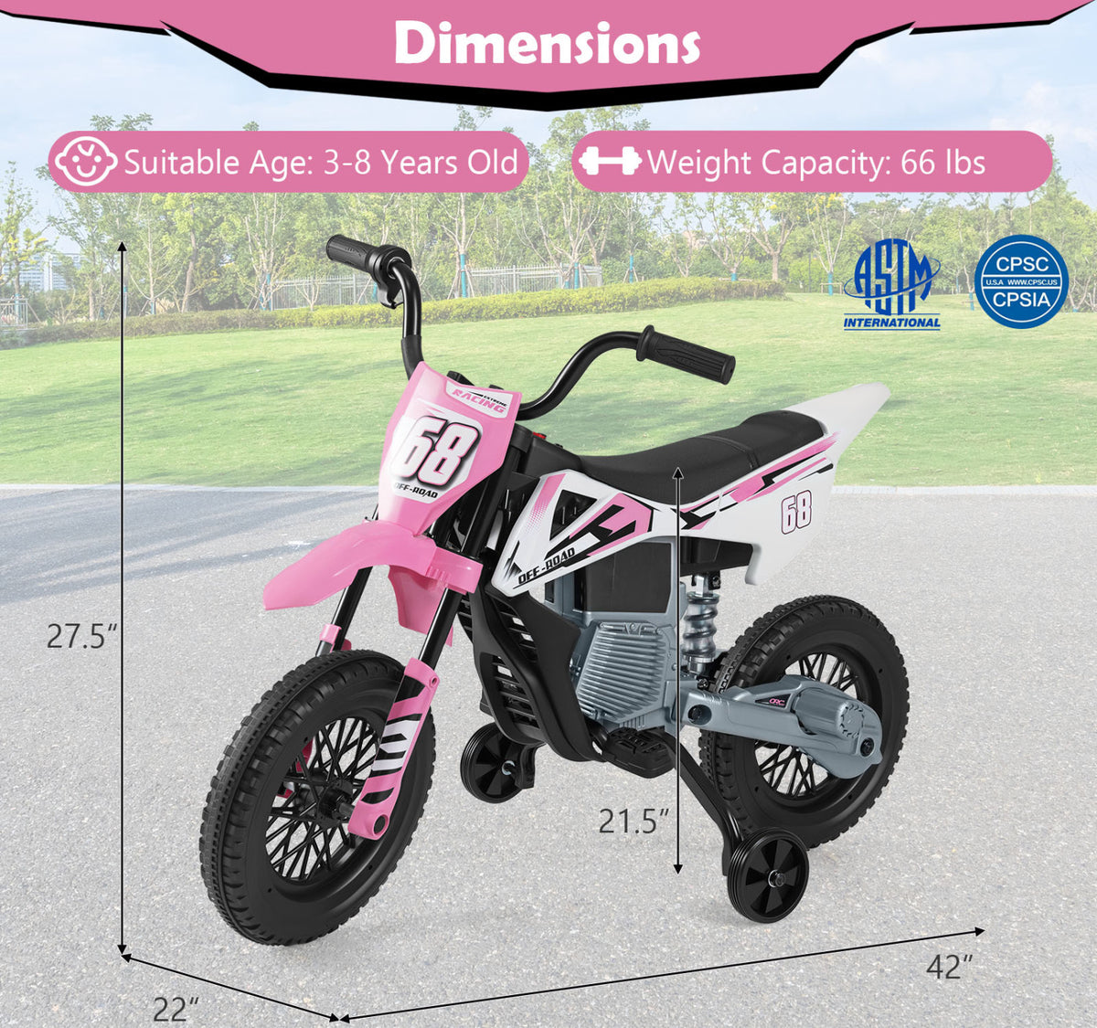 Moto électrique pour enfants 12V, roues d'entraînement détachables, musique, rose