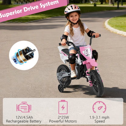 Moto électrique pour enfants 12V, roues d'entraînement détachables, musique, rose