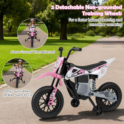 Moto électrique pour enfants 12V, roues d'entraînement détachables, musique, rose