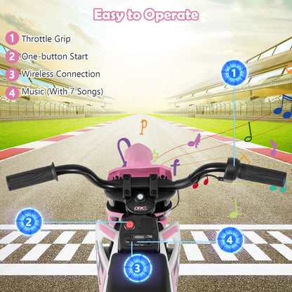 Moto électrique pour enfants 12V, roues d'entraînement détachables, musique, rose