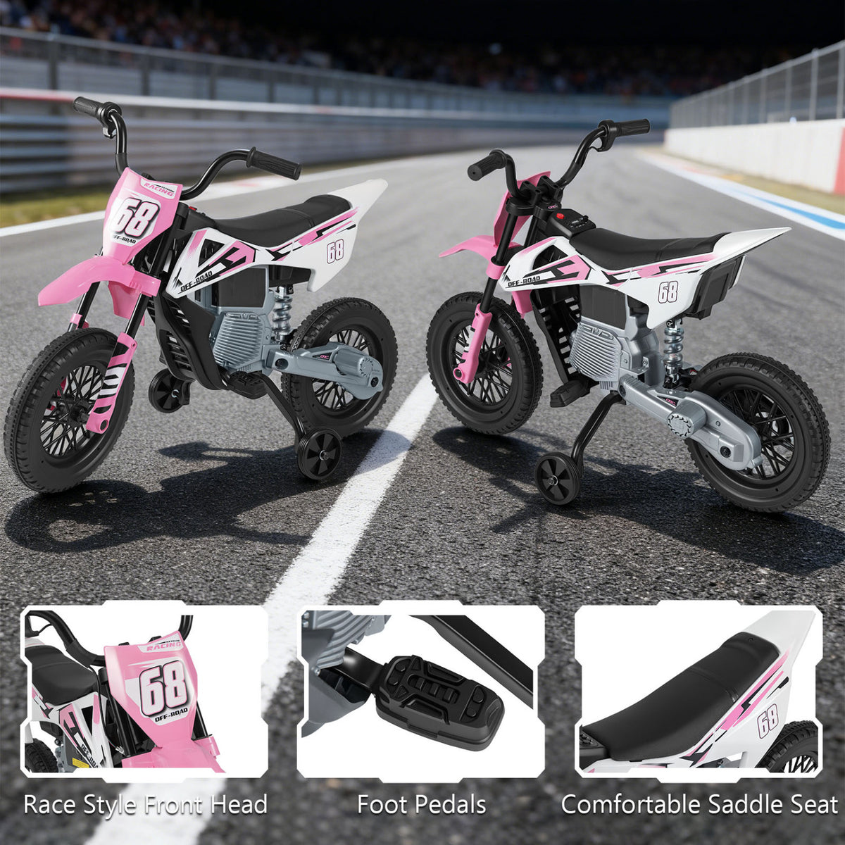 Moto électrique pour enfants 12V, roues d'entraînement détachables, musique, rose