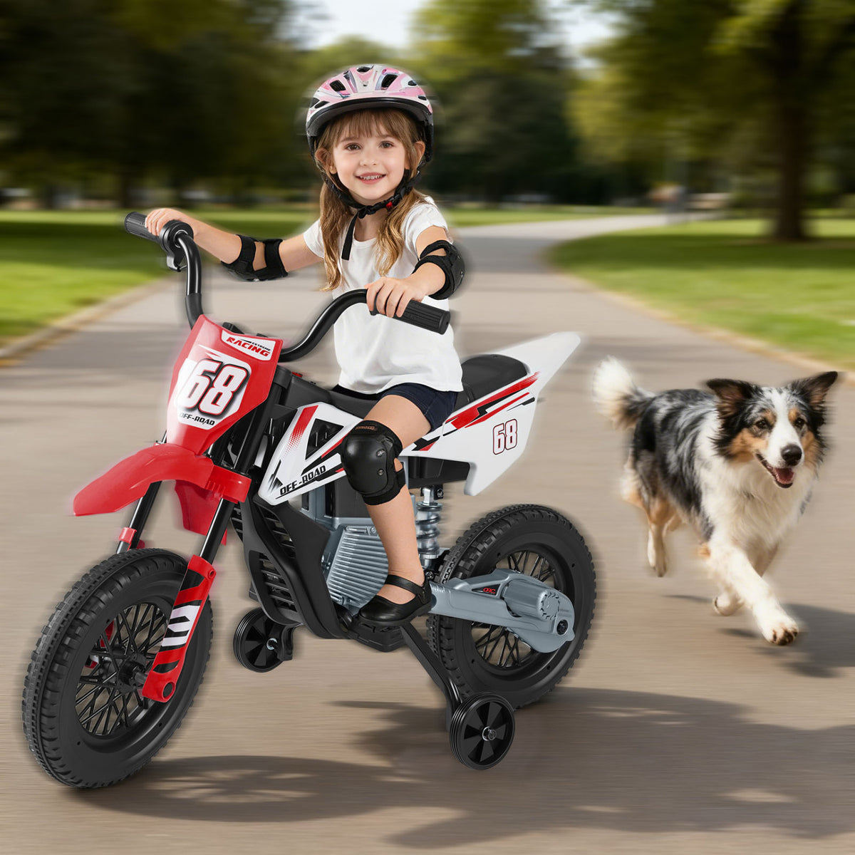 Moto électrique pour enfants 12V, roues d'entraînement détachables, musique, rouge