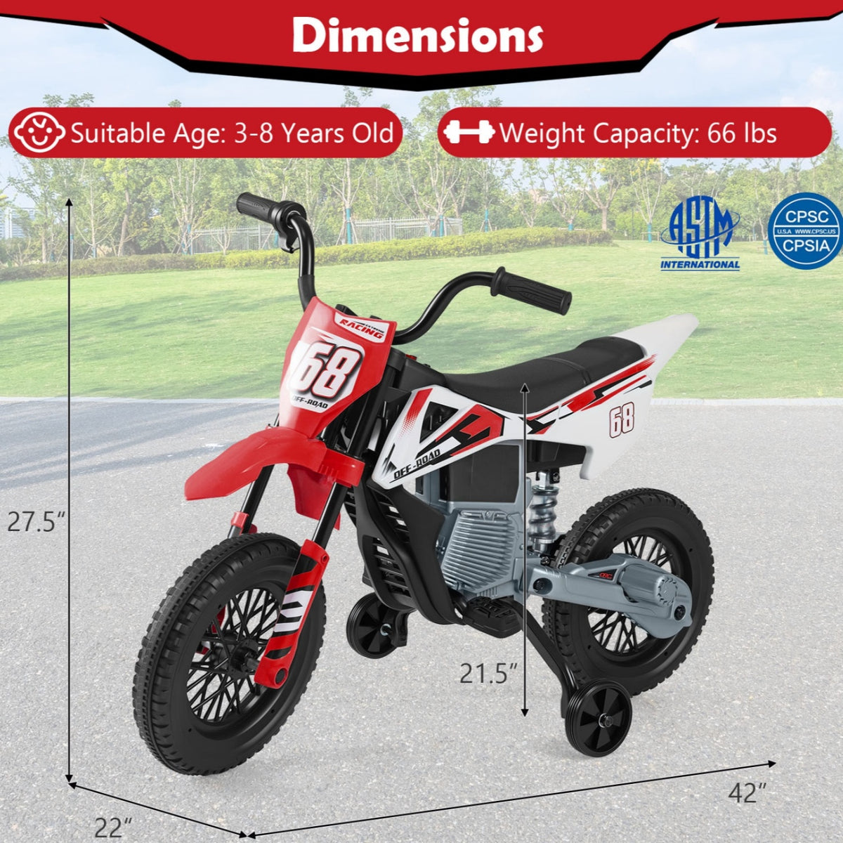 Moto électrique pour enfants 12V, roues d'entraînement détachables, musique, rouge