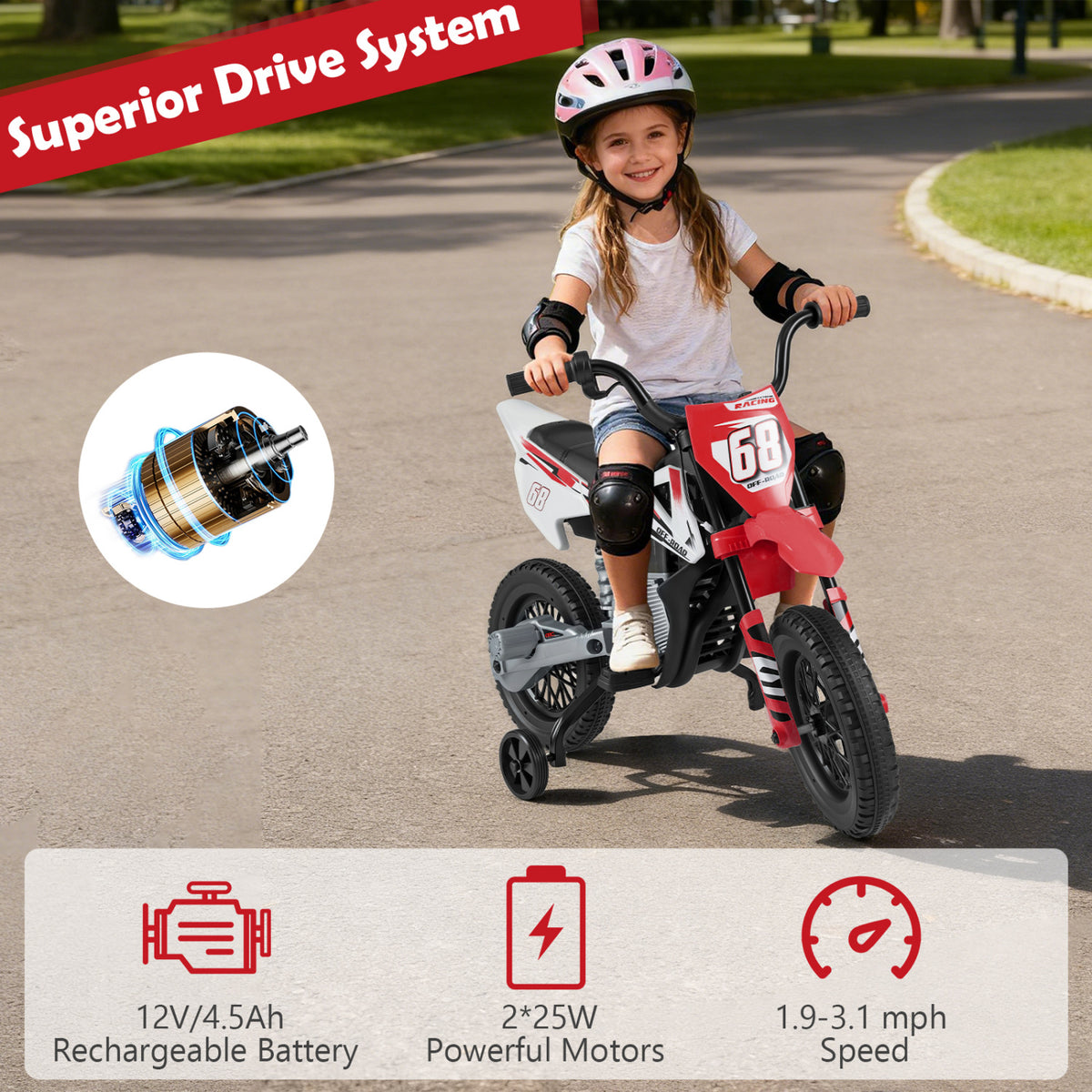 Moto électrique pour enfants 12V, roues d'entraînement détachables, musique, rouge