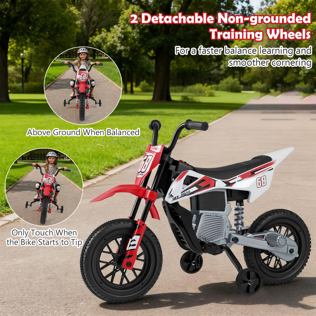 Moto électrique pour enfants 12V, roues d'entraînement détachables, musique, rouge