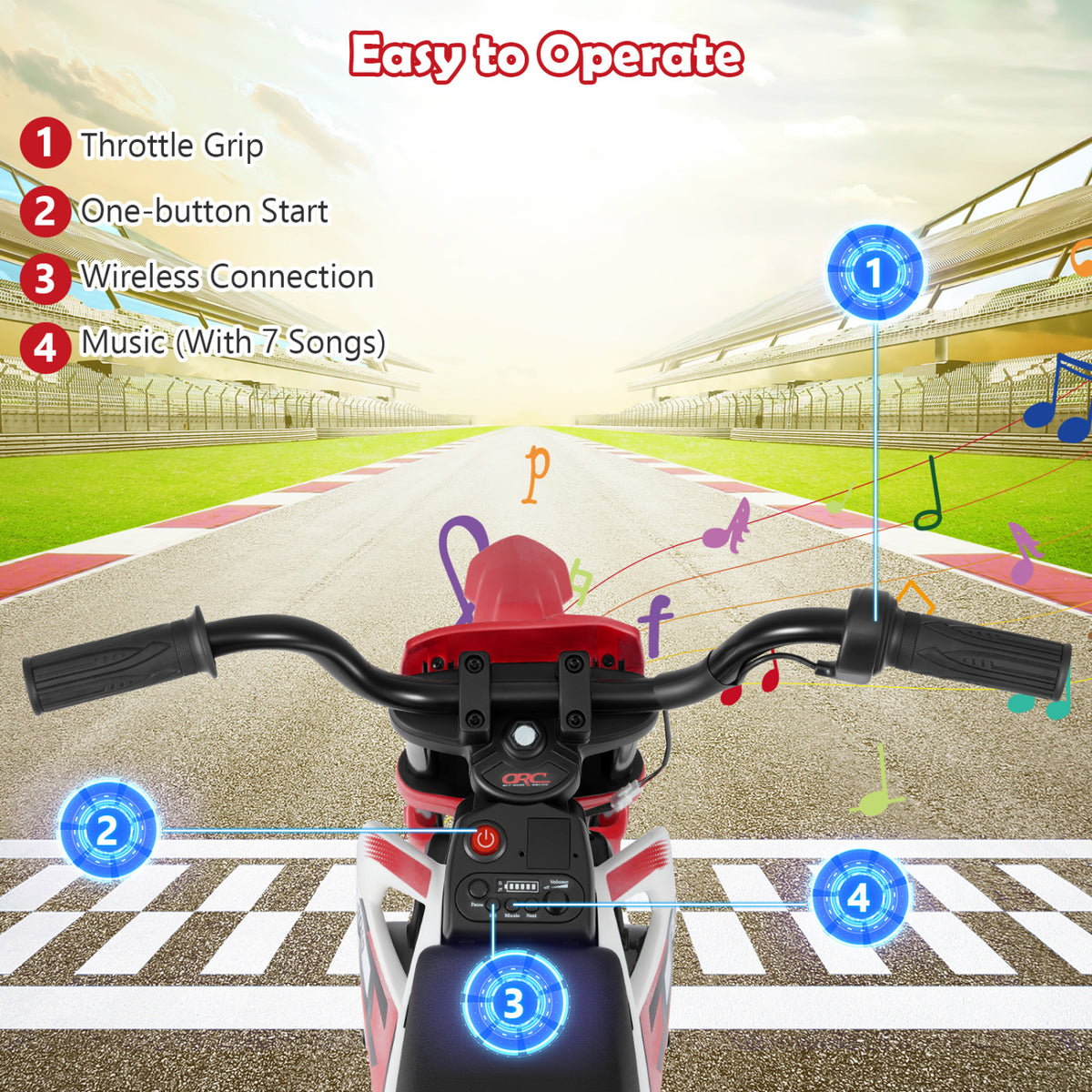 Moto électrique pour enfants 12V, roues d'entraînement détachables, musique, rouge
