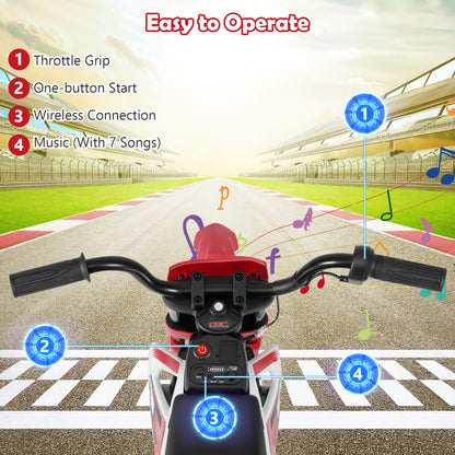 Moto électrique pour enfants 12V, roues d'entraînement détachables, musique, rouge