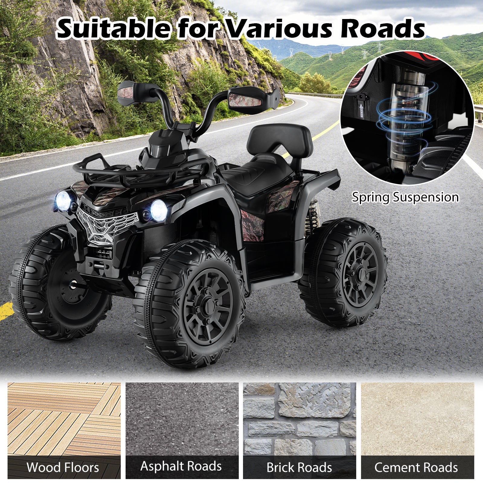 12V Kids Ride On ATV 4 Wheeler, Solid Black Powered Ride On Toys at Gallery Canada