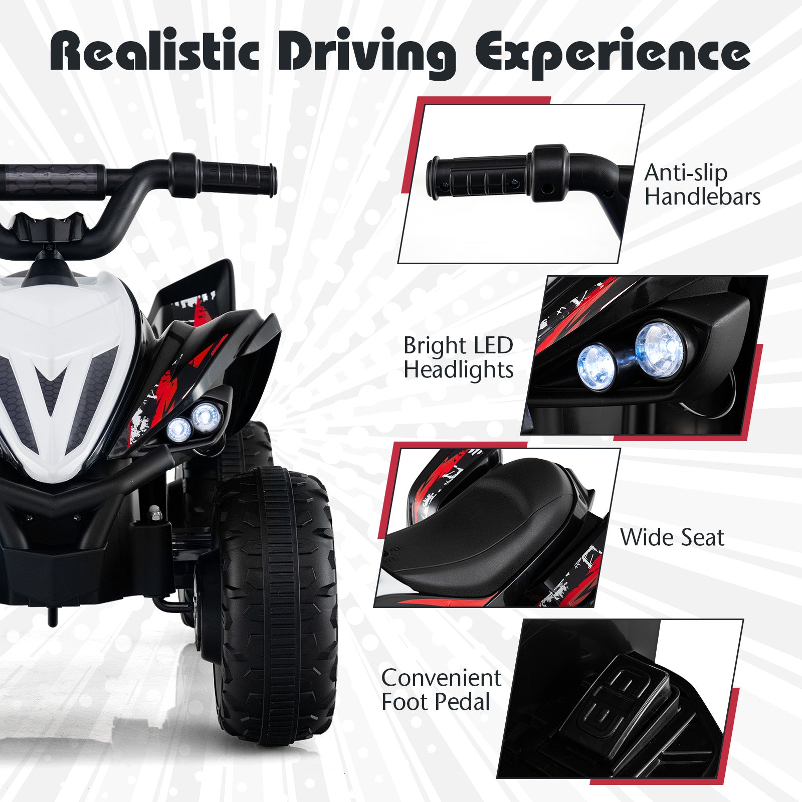 12V Kids Ride On ATV 4-Wheeler Quad, LED Lights, 7 mph, Black Powered Ride On Toys at Gallery Canada