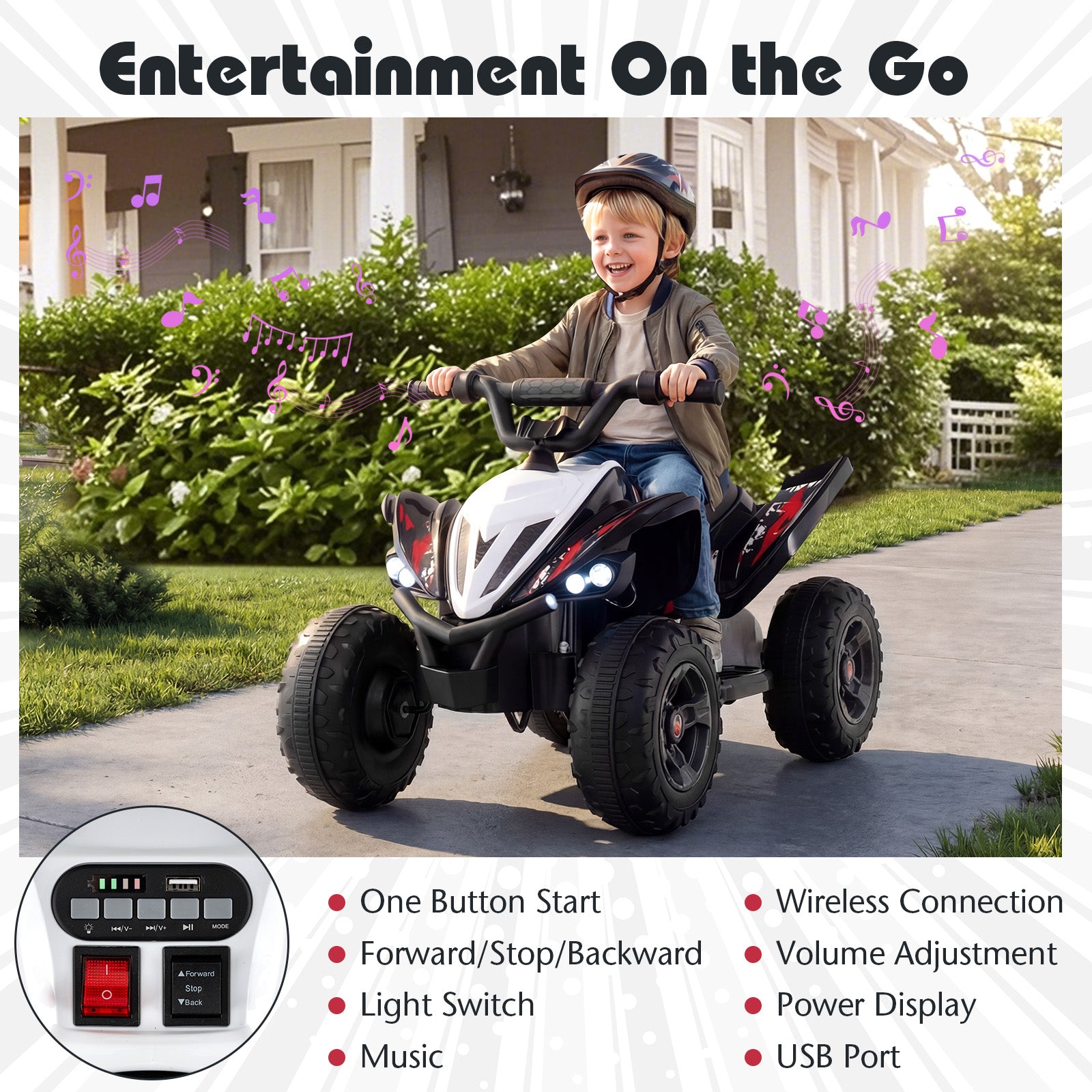 12V Kids Ride On ATV 4-Wheeler Quad, LED Lights, 7 mph, Black Powered Ride On Toys at Gallery Canada