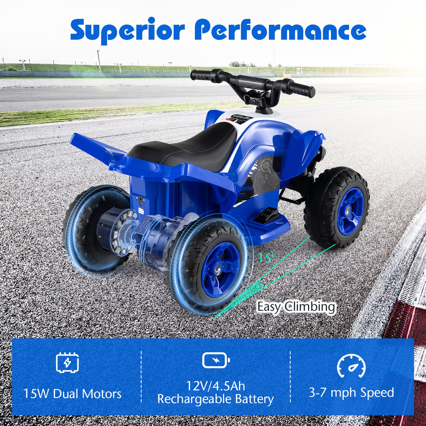 12V Kids Ride On ATV Quad, LED Lights, 7 Mph, Navy Powered Ride On Toys at Gallery Canada